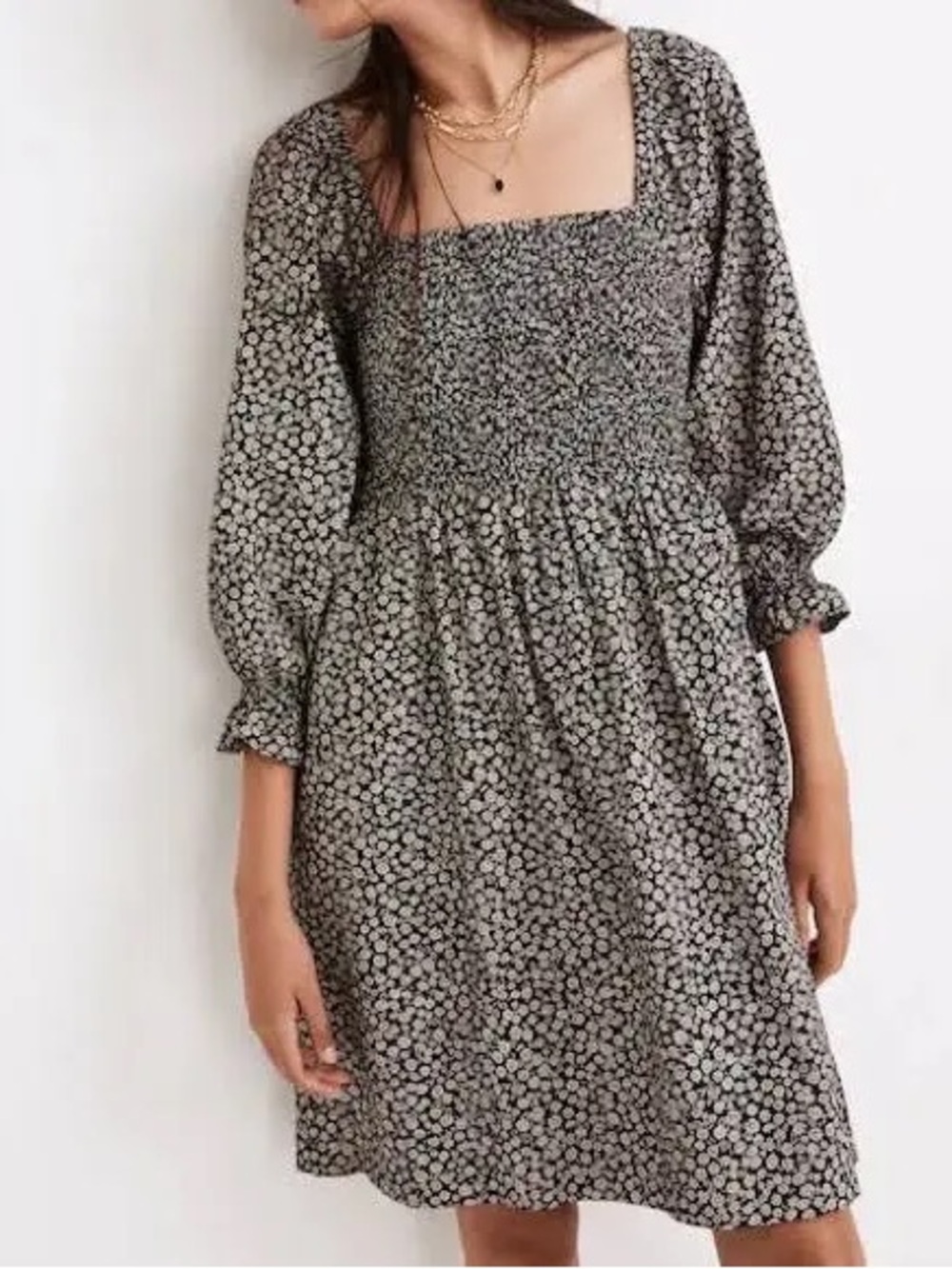 Madewell Lucie Black and White Floral Long Sleeve Smocked Dress